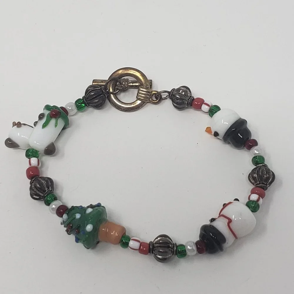 Christmas Art Glass Bead Bracelet Snowman Tree